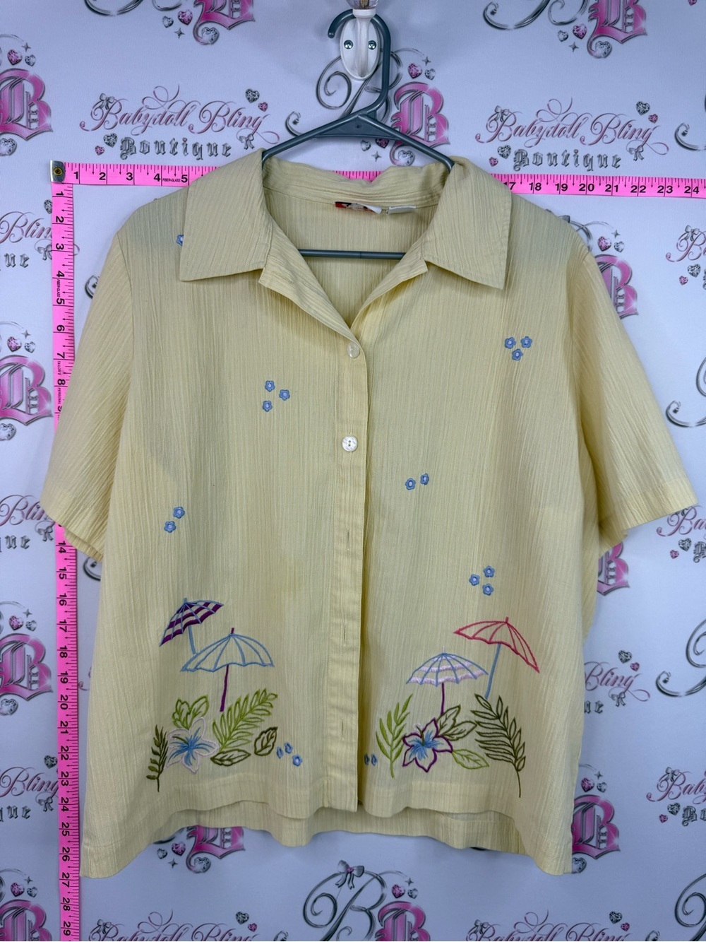 Alia T-shirt button up Yellow Button-Up Top with Floral & Umbrella Embroidery